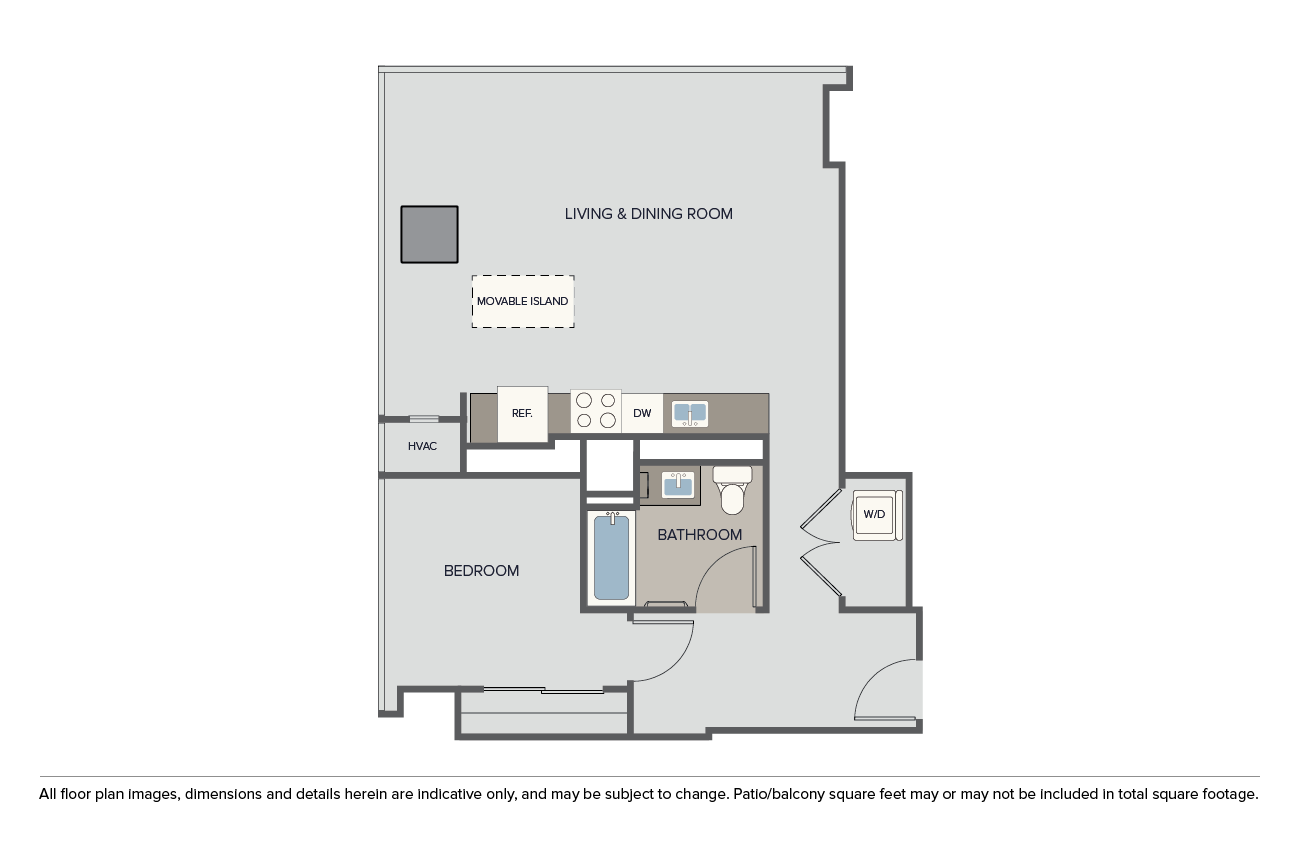 Floor plan for 1 bed, 1 bath, 888 sqft